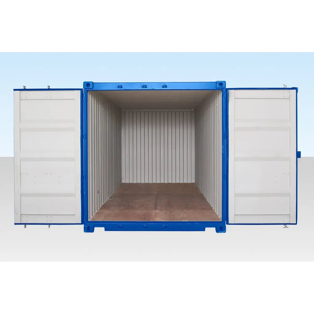 CONTENTOR DE AUTOSERVIÇO DE 20 PÉS COM PISO EM BAMBU – AZUL (RAL 5010)